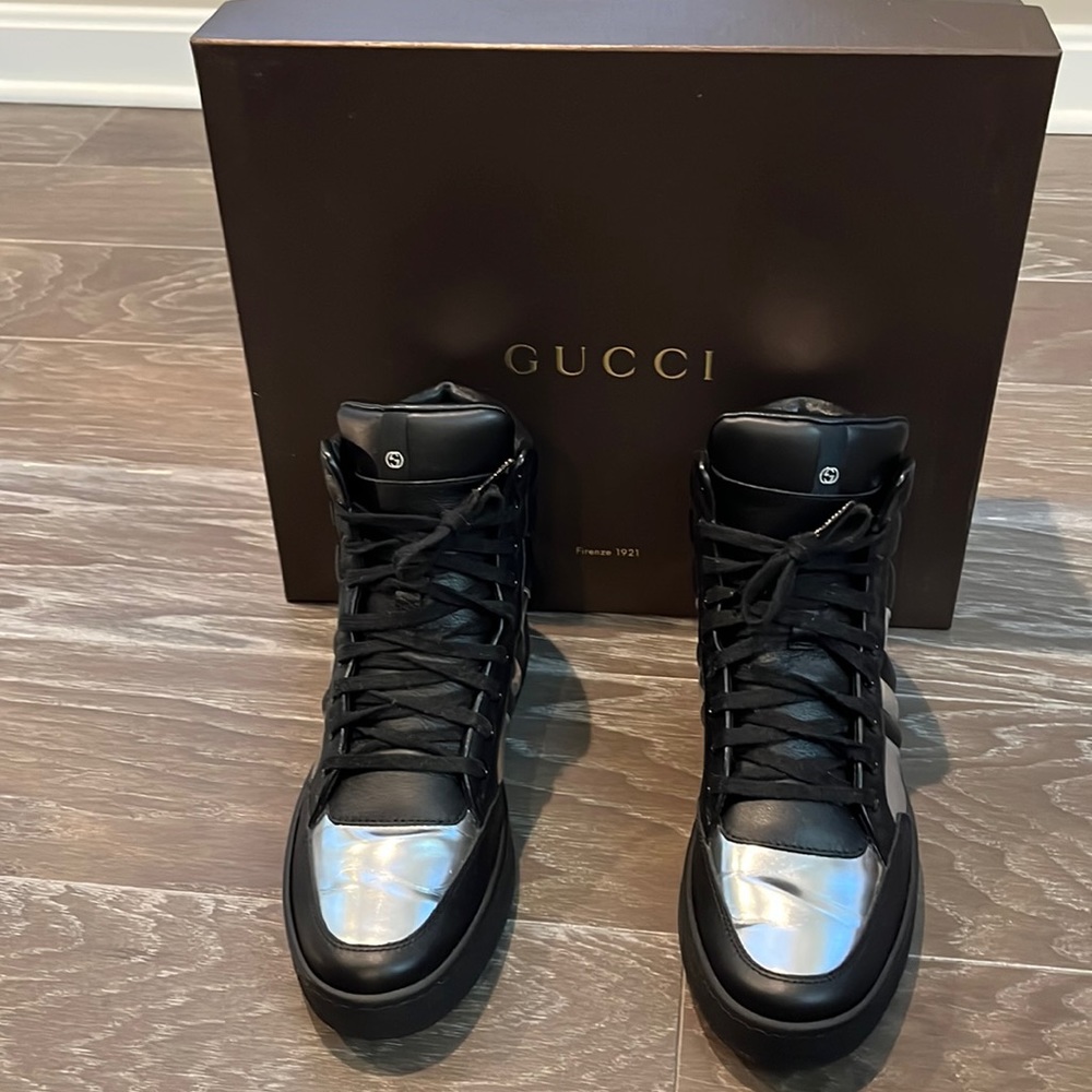 Gucci women’s black and silver metallic high top sneaker